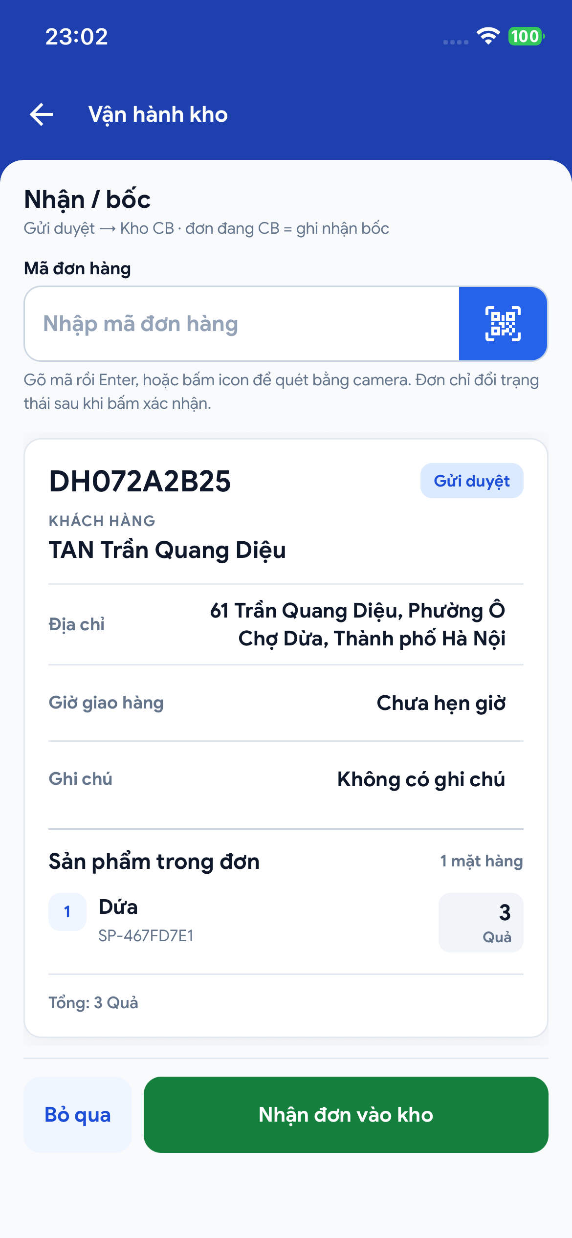 App nhận đơn vào kho