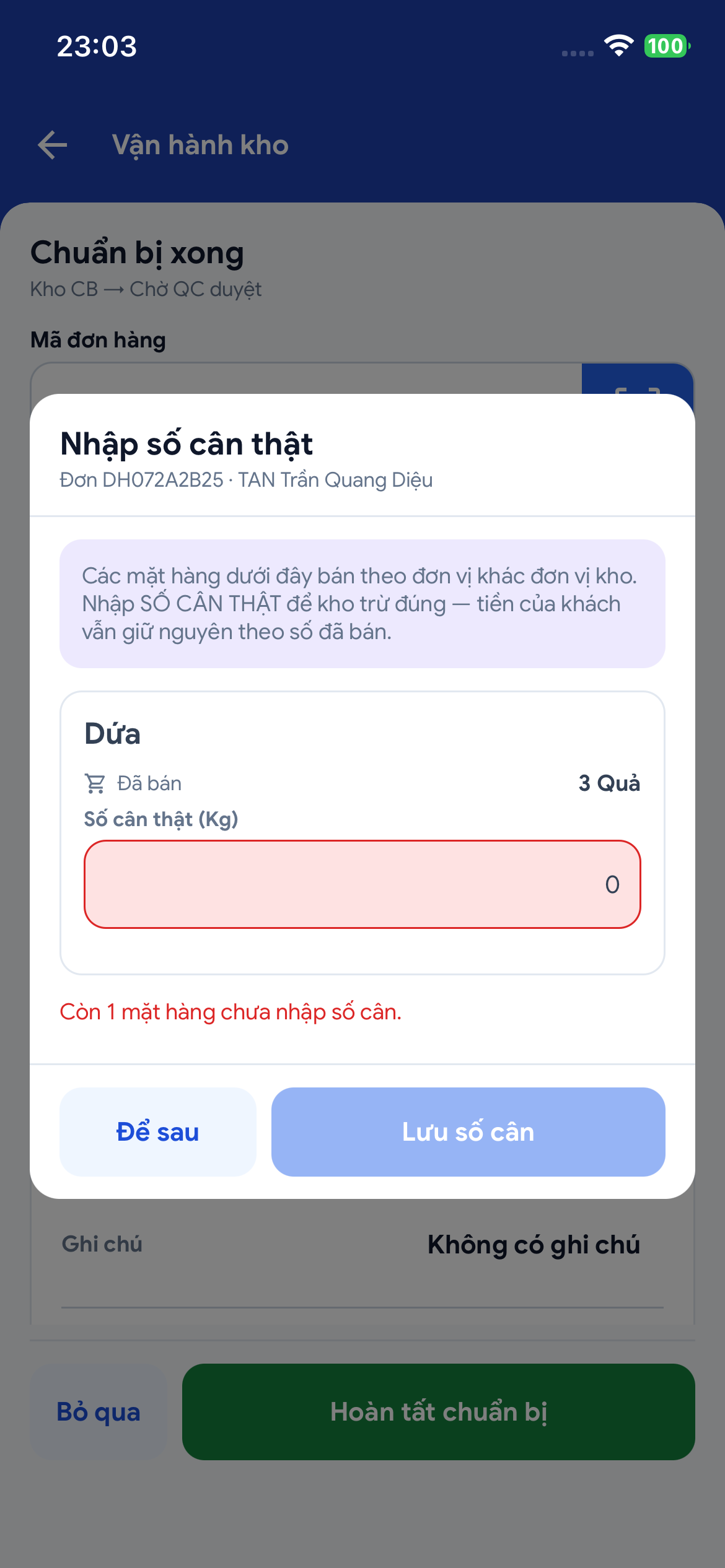 Hộp cân hàng, chưa nhập