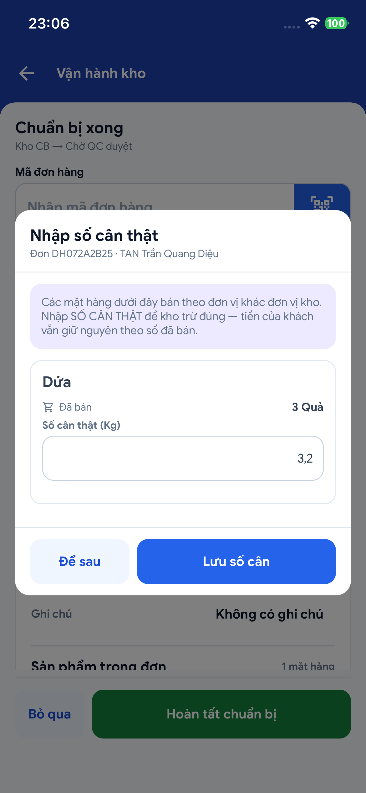 Hộp cân đã nhập 3,2 Kg