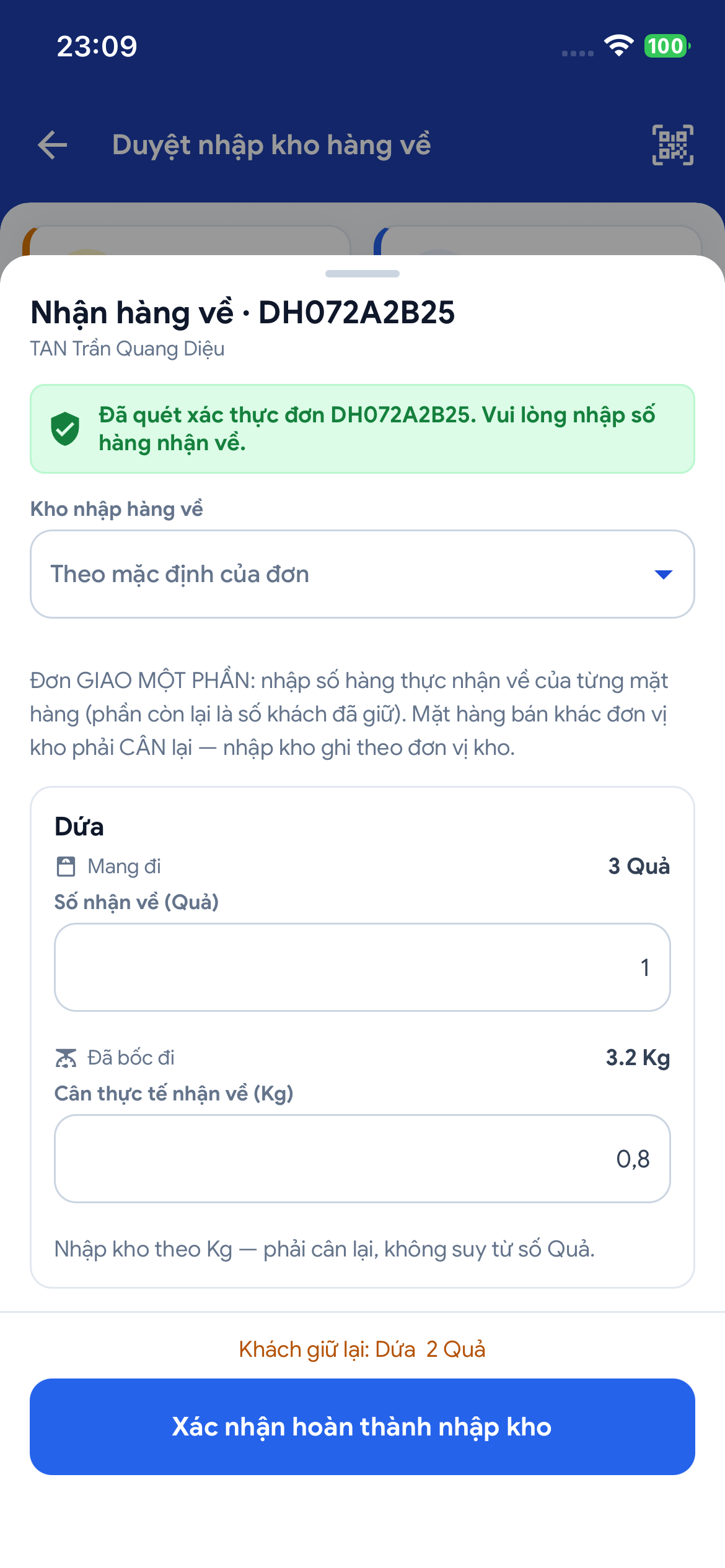 Nhập kho hàng về với 2 ô